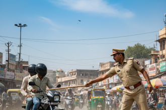 Indian police officer stopping a bike