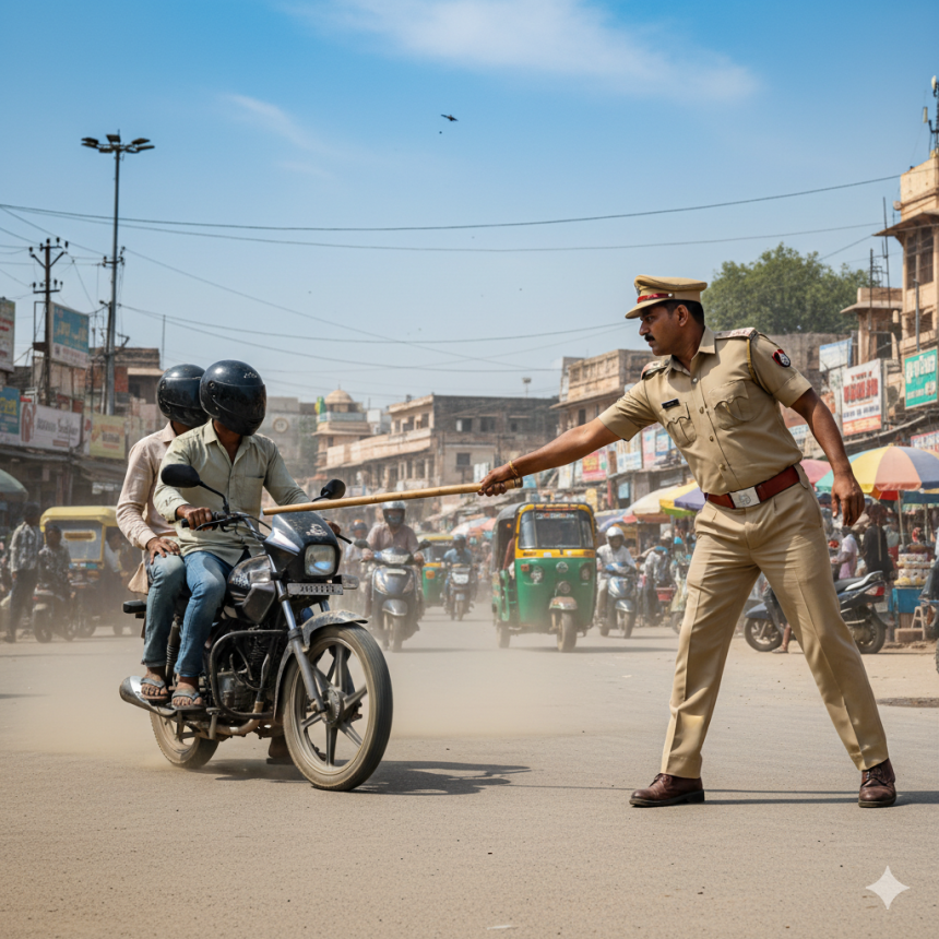 Indian police officer stopping a bike