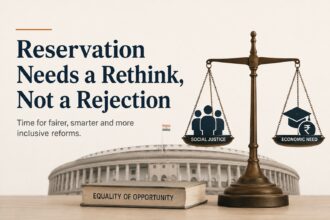 Editorial illustration showing a balanced scale weighing “Social Justice” against “Economic Need,” with the Indian Parliament in the background and a book titled “Equality of Opportunity,” representing the debate over reforming India’s reservation system.