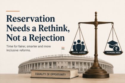 Editorial illustration showing a balanced scale weighing “Social Justice” against “Economic Need,” with the Indian Parliament in the background and a book titled “Equality of Opportunity,” representing the debate over reforming India’s reservation system.